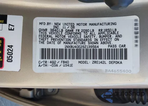 2009 Toyota Corolla Le from USA, damaged, VIN 1NXBU40E29Z139564